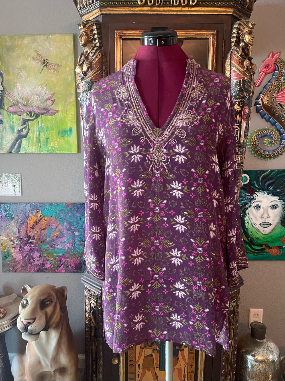 Sigrid Olsen Purple Floral Embellished V-Neck Tunic